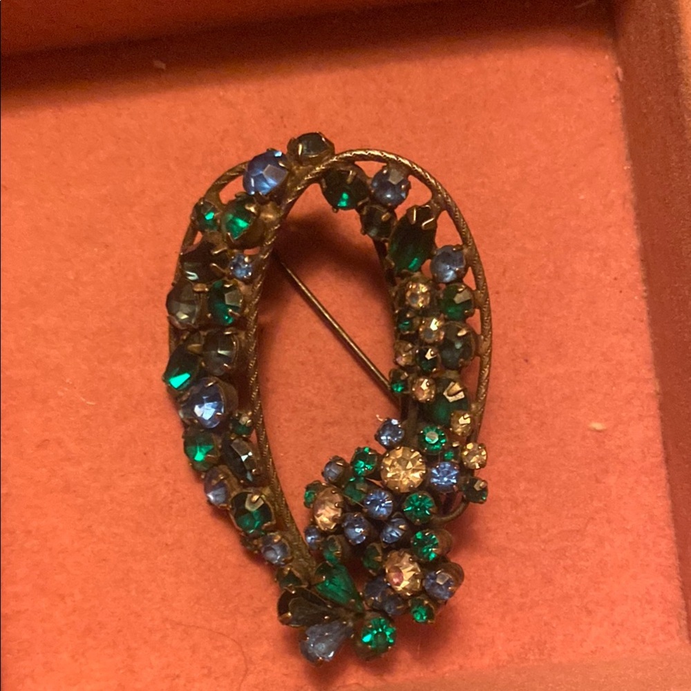 Elegant Blue and Green Crystal Brooch